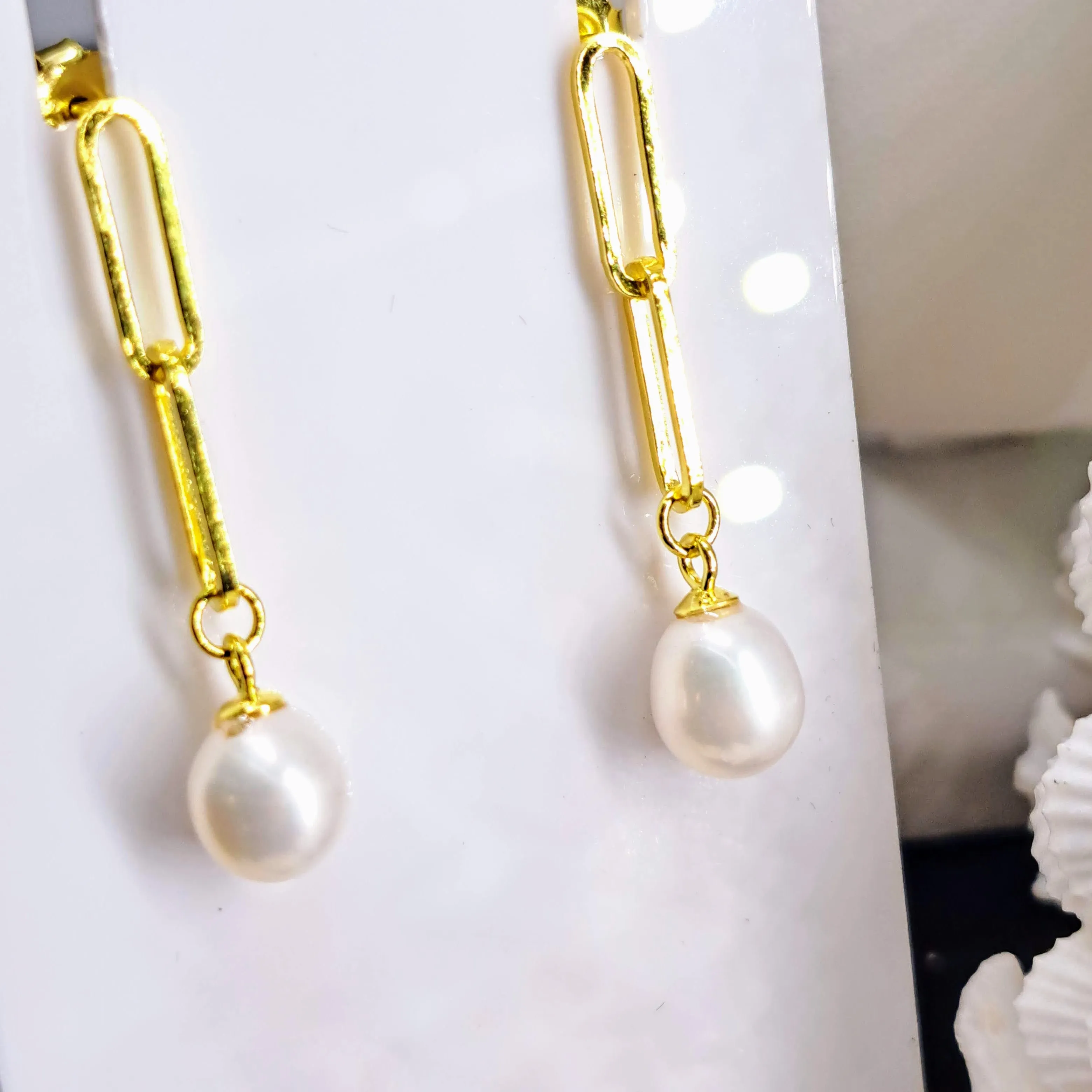 "Paperclip Pearl Drop" 1.25" Earrings - Pearl, 18k Gold Sterling