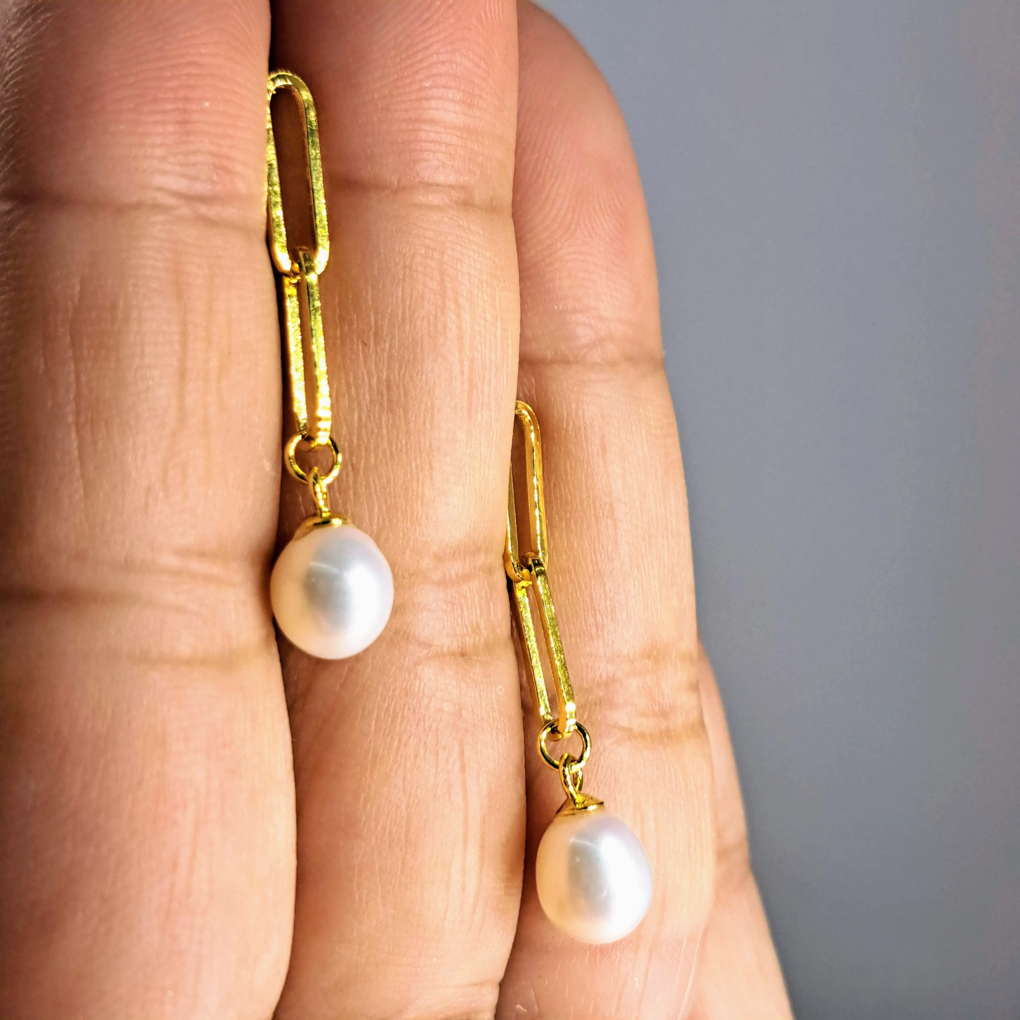 "Paperclip Pearl Drop" 1.25" Earrings - Pearl, 18k Gold Sterling