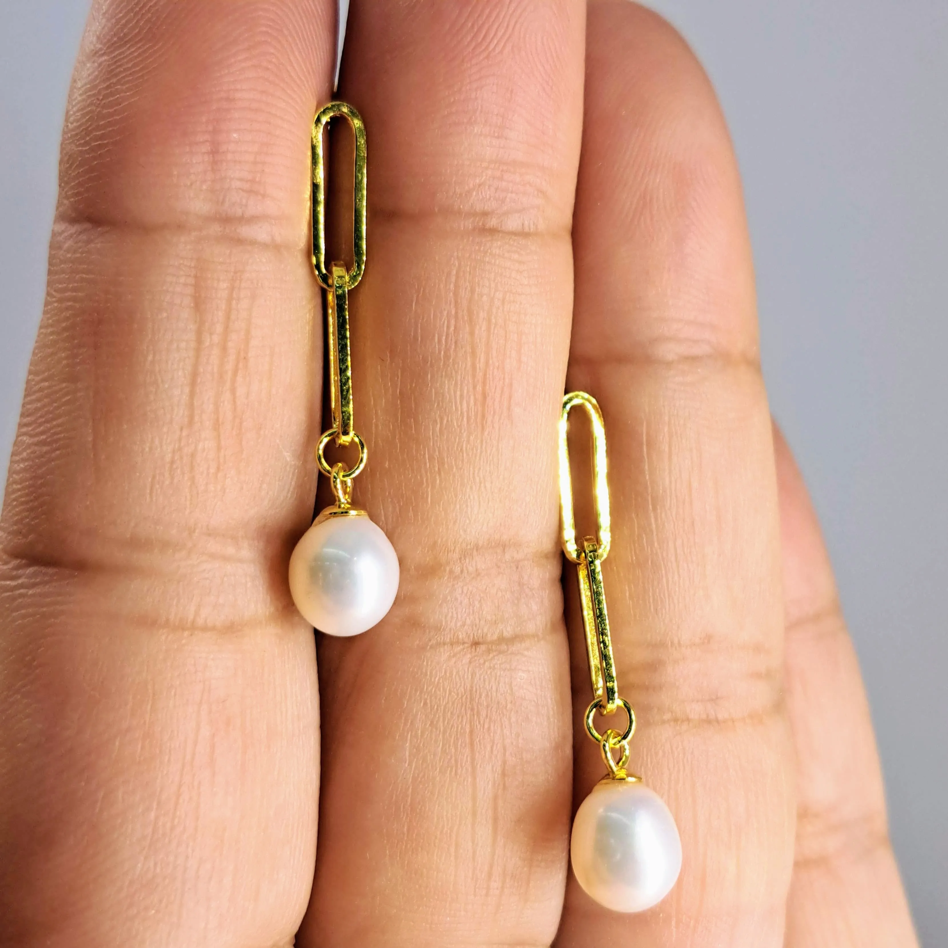 "Paperclip Pearl Drop" 1.25" Earrings - Pearl, 18k Gold Sterling
