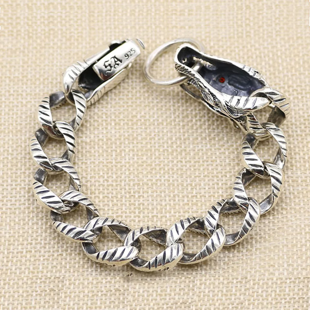 Real Solid 925 Sterling Silver Bracelet Cuban Link Chain Dragon Animals Punk Jewelry 7.09" - 9.45"