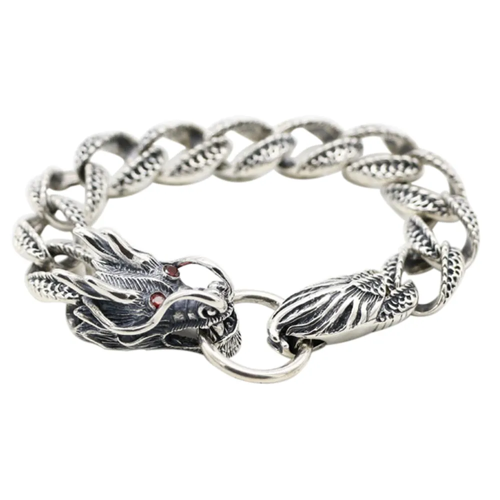 Real Solid 925 Sterling Silver Bracelet Cuban Link Chain Dragon Animals Punk Jewelry 7.09" - 9.45"