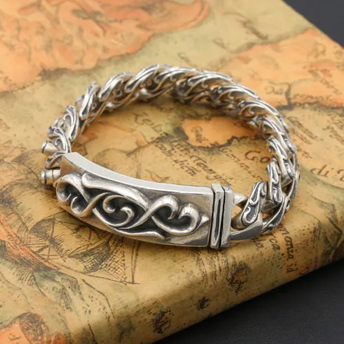Real Solid 925 Sterling Silver Bracelet Cuban Link Chain Rattan Punk Jewelry 8.3"