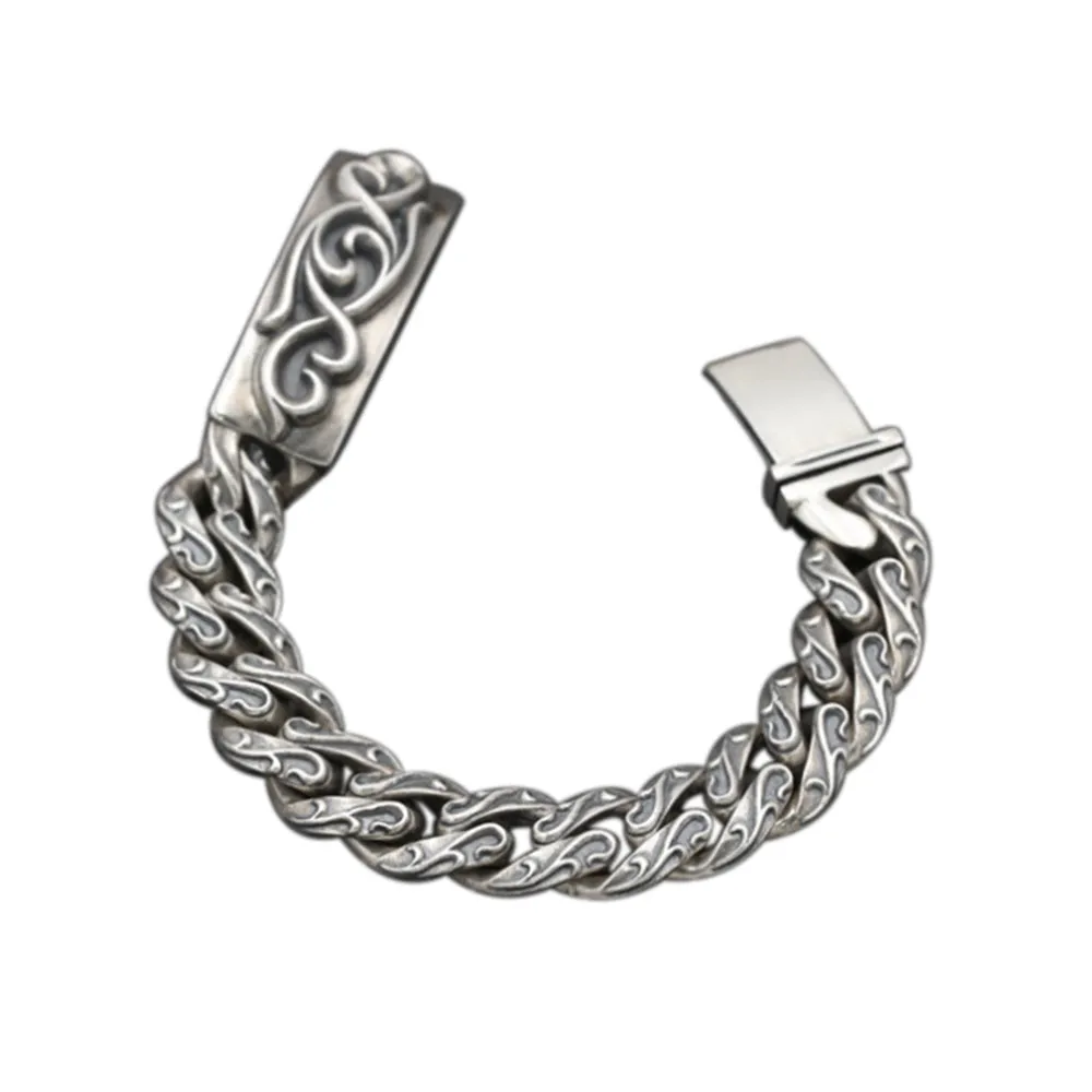 Real Solid 925 Sterling Silver Bracelet Cuban Link Chain Rattan Punk Jewelry 8.3"