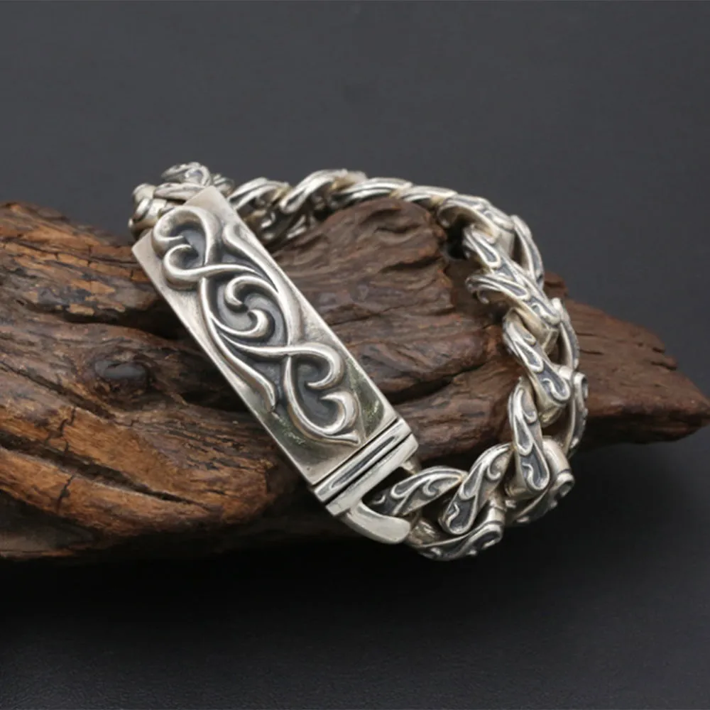 Real Solid 925 Sterling Silver Bracelet Cuban Link Chain Rattan Punk Jewelry 8.3"