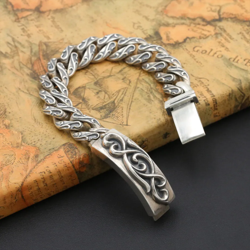 Real Solid 925 Sterling Silver Bracelet Cuban Link Chain Rattan Punk Jewelry 8.3"