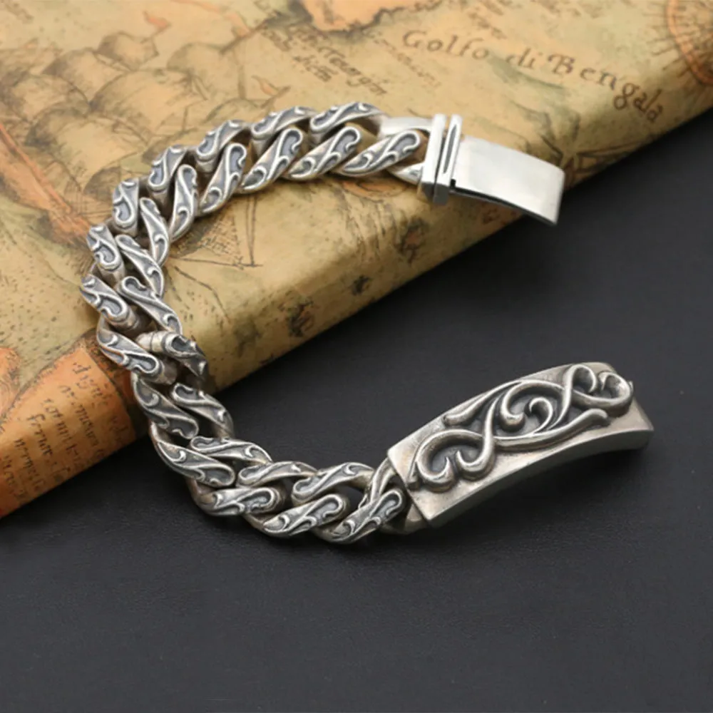 Real Solid 925 Sterling Silver Bracelet Cuban Link Chain Rattan Punk Jewelry 8.3"