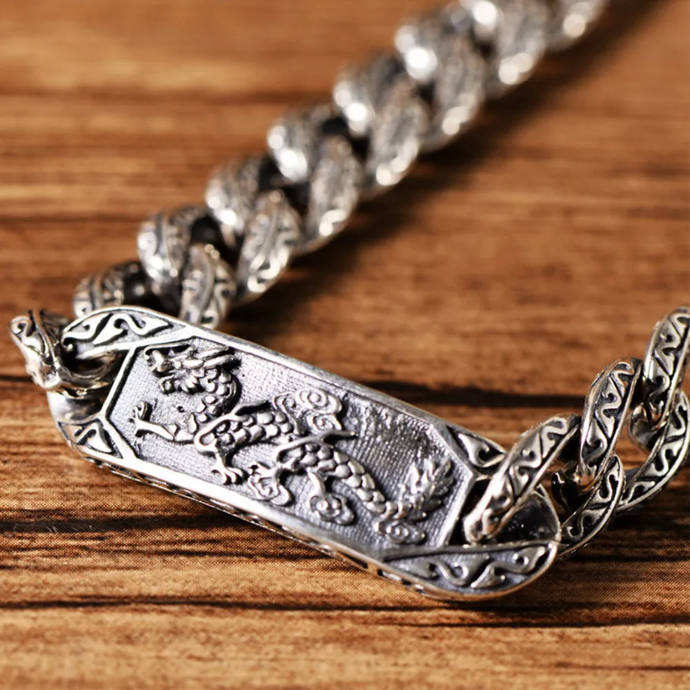 Real Solid 925 Sterling Silver Bracelets Cuban Link Chain Dragon Animals Punk Jewelry 7.9"