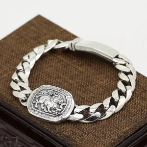 Real Solid 925 Sterling Silver Bracelets Cuban Link Chain PiXiu Animals Punk Jewelry 7.9"