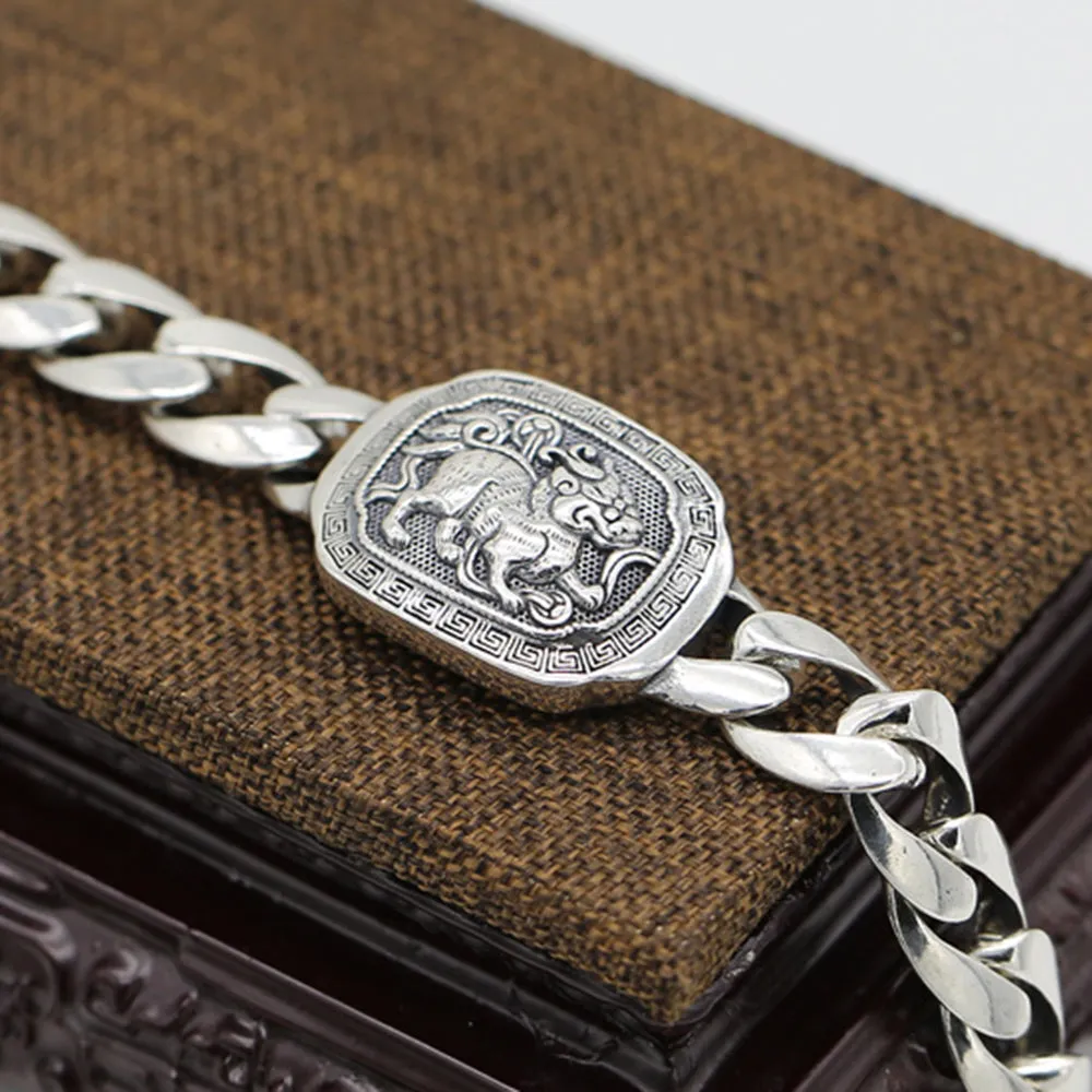 Real Solid 925 Sterling Silver Bracelets Cuban Link Chain PiXiu Animals Punk Jewelry 7.9"