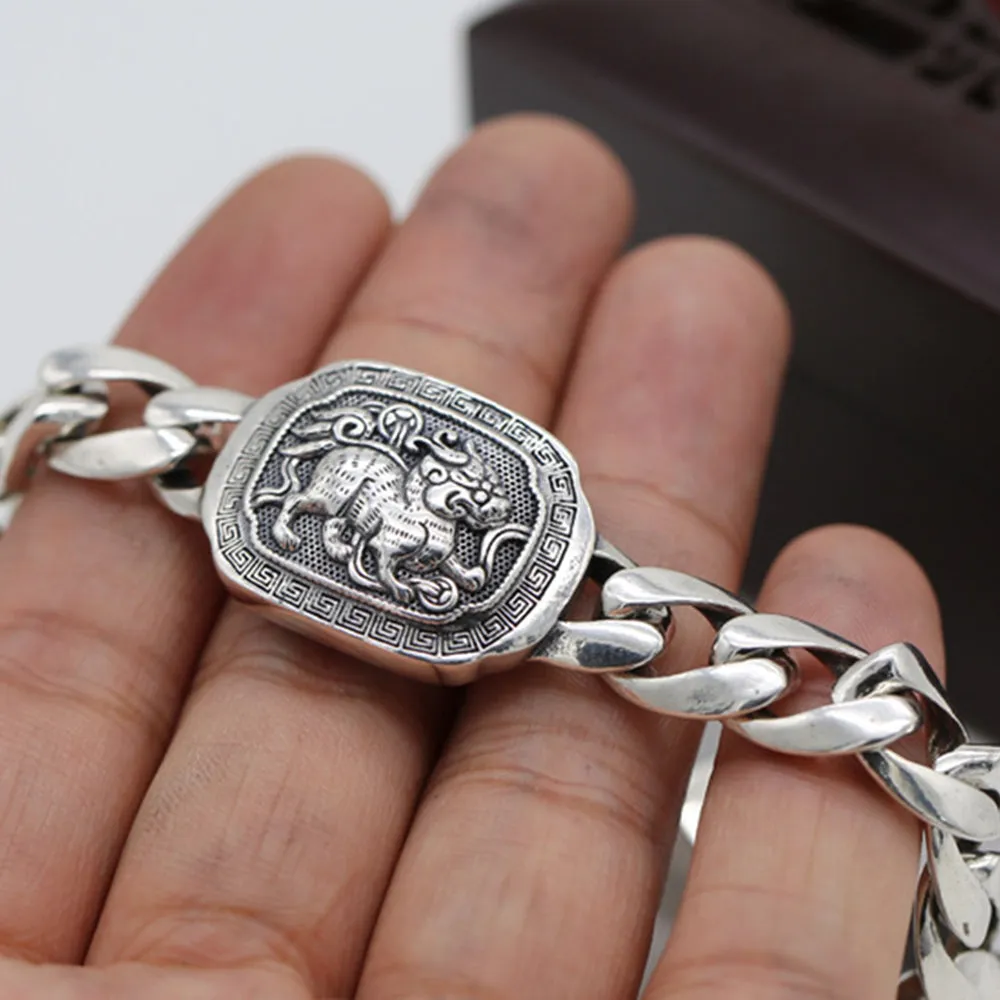 Real Solid 925 Sterling Silver Bracelets Cuban Link Chain PiXiu Animals Punk Jewelry 7.9"
