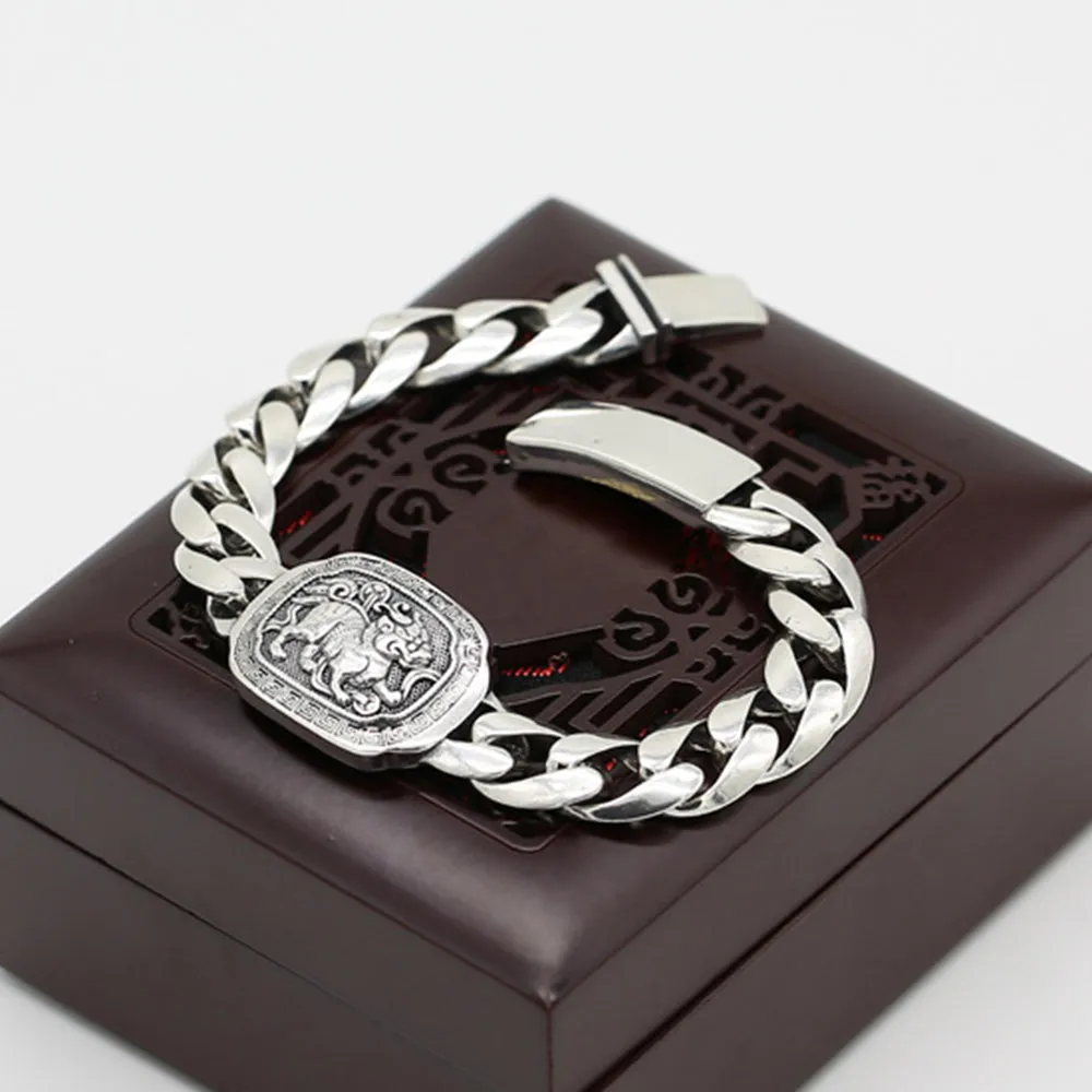 Real Solid 925 Sterling Silver Bracelets Cuban Link Chain PiXiu Animals Punk Jewelry 7.9"