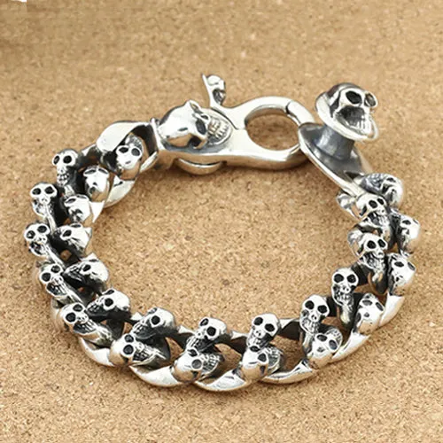 Real Solid 925 Sterling Silver Bracelets Cuban Link Chain Skeletons Skulls Huge Heavy Jewelry 7.9"