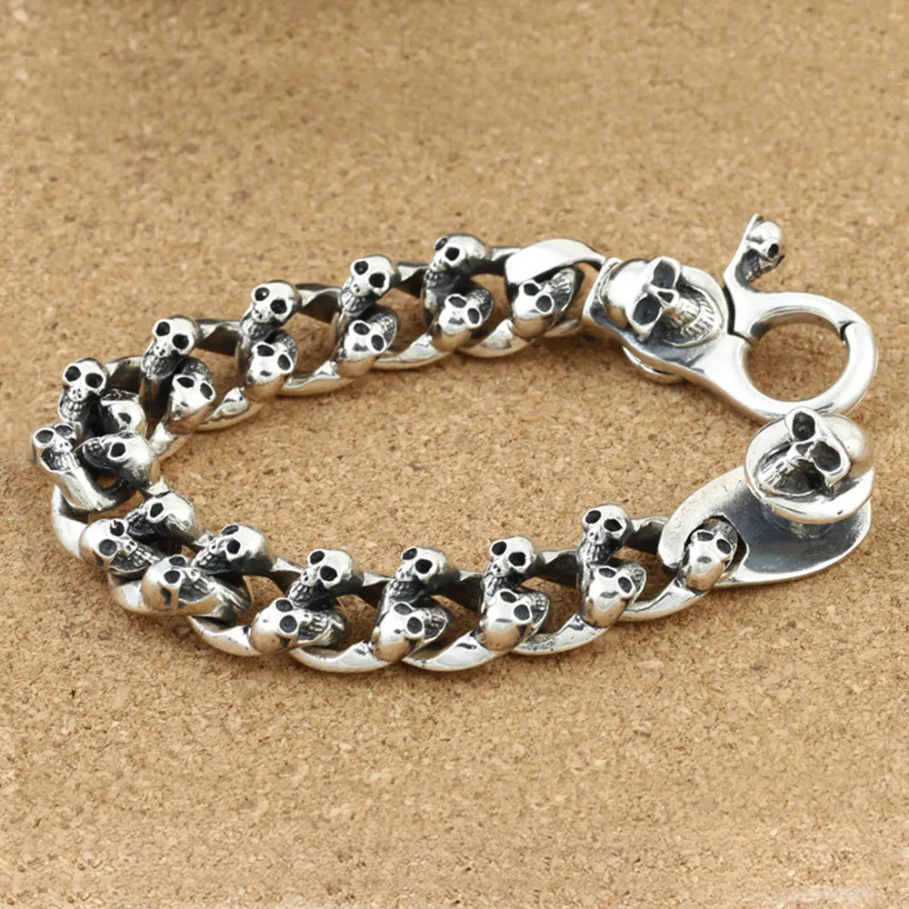 Real Solid 925 Sterling Silver Bracelets Cuban Link Chain Skeletons Skulls Huge Heavy Jewelry 7.9"