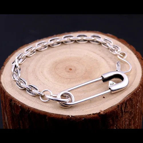 Real Solid 925 Sterling Silver Bracelets Oval Link Chain Pin Fashion Jewelry