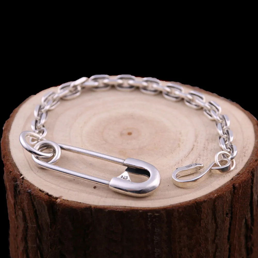 Real Solid 925 Sterling Silver Bracelets Oval Link Chain Pin Fashion Jewelry