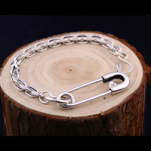 Real Solid 925 Sterling Silver Bracelets Oval Link Chain Pin Fashion Jewelry