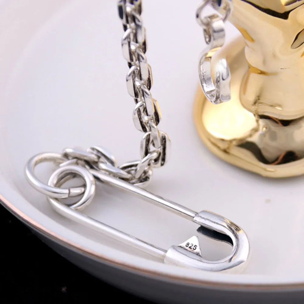 Real Solid 925 Sterling Silver Bracelets Oval Link Chain Pin Fashion Jewelry