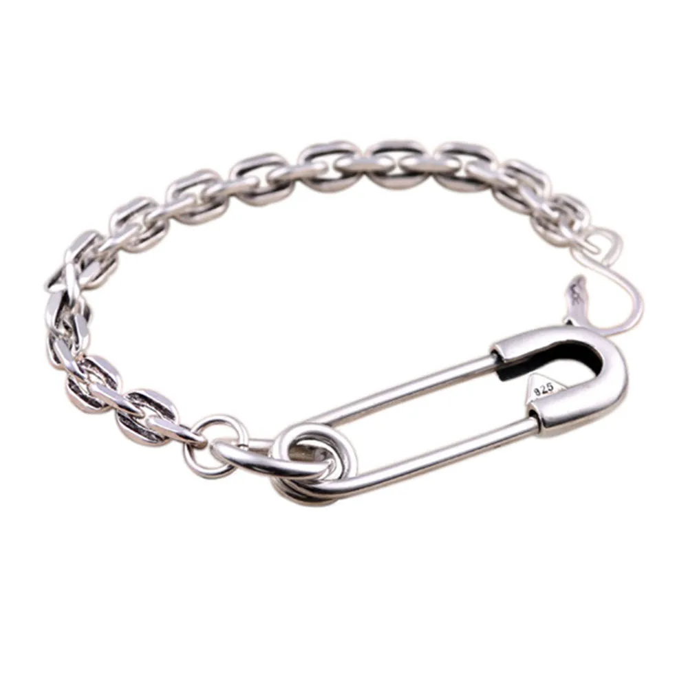 Real Solid 925 Sterling Silver Bracelets Oval Link Chain Pin Fashion Jewelry