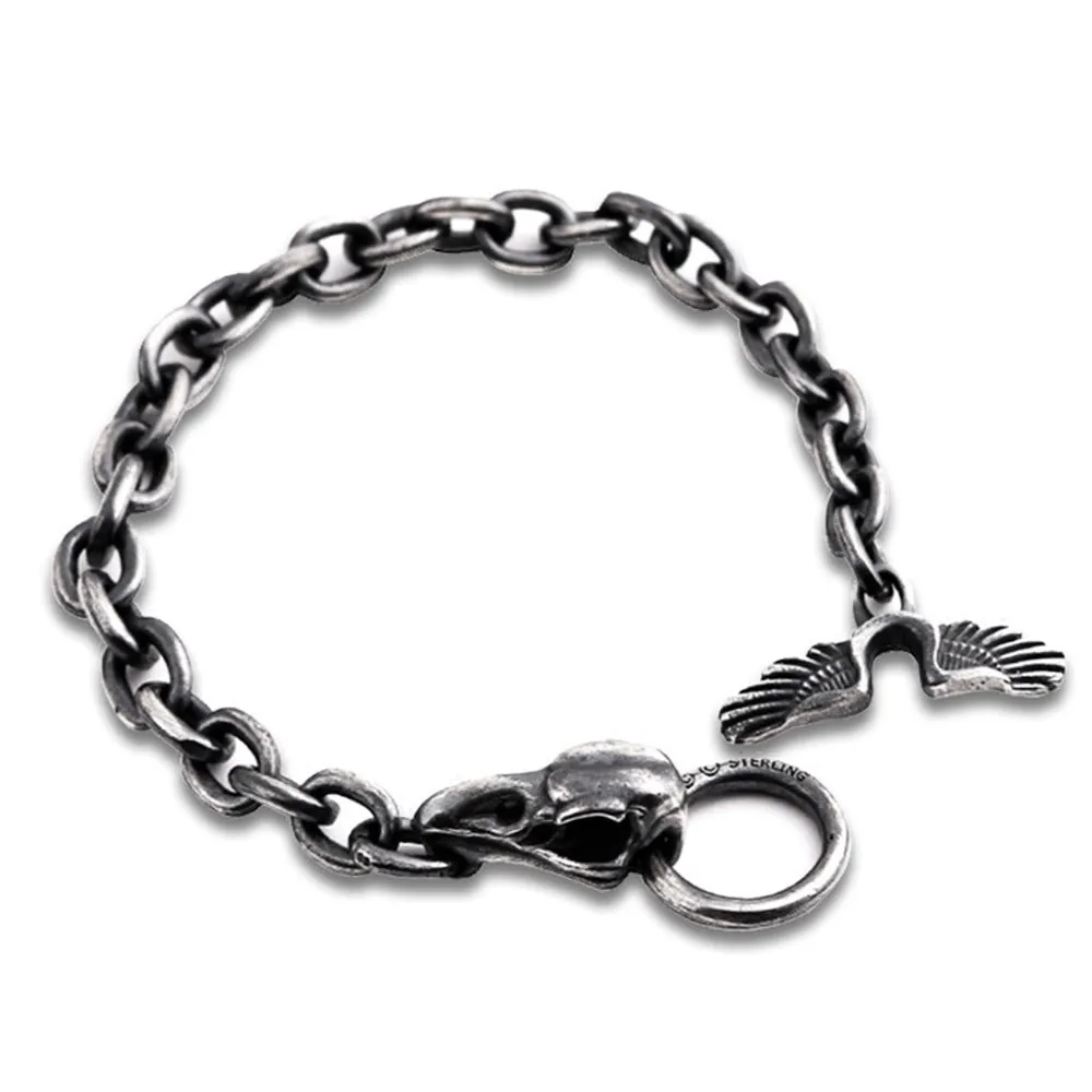 Real Solid 925 Sterling Silver Bracelets Skulls Crow Head Wings Punk Jewelry 7.9"- 9.4"