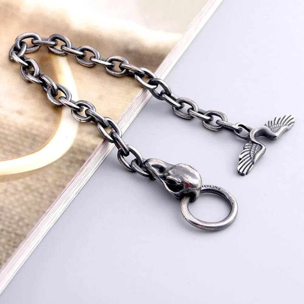 Real Solid 925 Sterling Silver Bracelets Skulls Crow Head Wings Punk Jewelry 7.9"- 9.4"