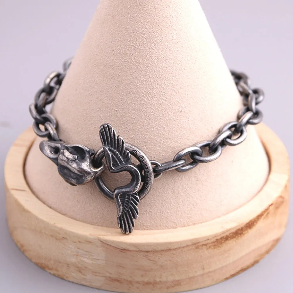 Real Solid 925 Sterling Silver Bracelets Skulls Crow Head Wings Punk Jewelry 7.9"- 9.4"