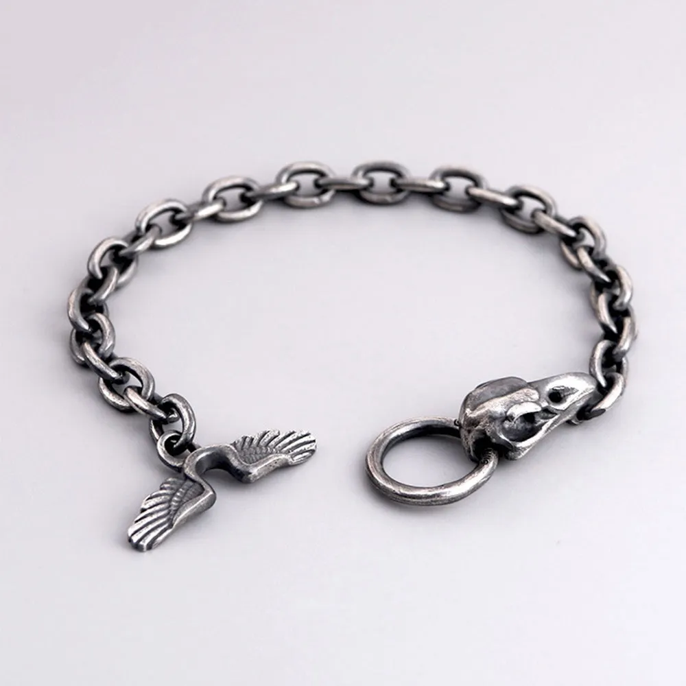 Real Solid 925 Sterling Silver Bracelets Skulls Crow Head Wings Punk Jewelry 7.9"- 9.4"