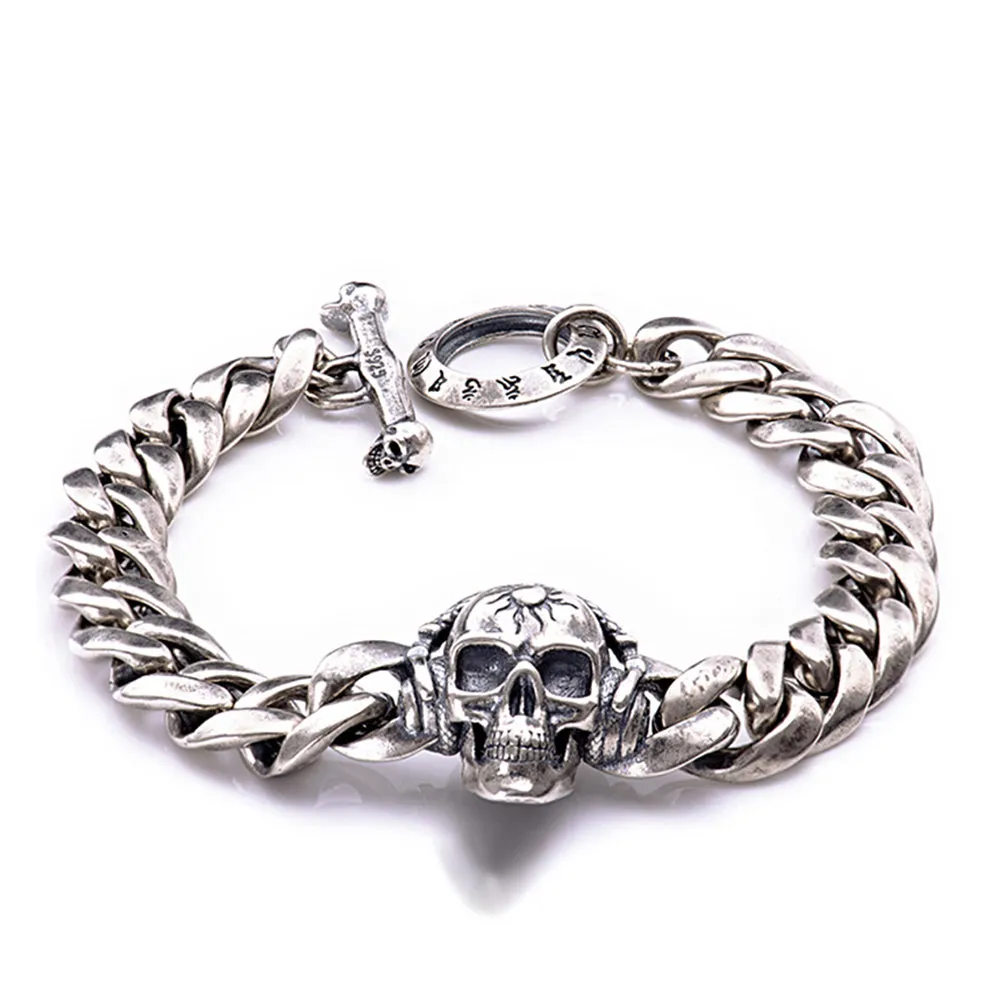 Real Solid 925 Sterling Silver Bracelets Skulls Cuban Link Chain Om Mani Padme Hum Jewelry 8.7"