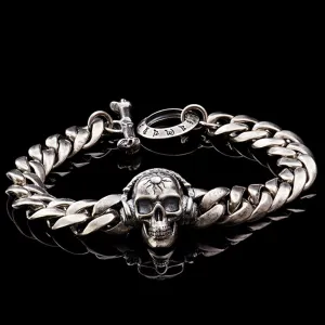 Real Solid 925 Sterling Silver Bracelets Skulls Cuban Link Chain Om Mani Padme Hum Jewelry 8.7"