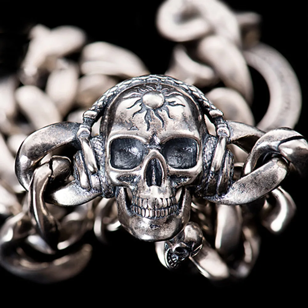 Real Solid 925 Sterling Silver Bracelets Skulls Cuban Link Chain Om Mani Padme Hum Jewelry 8.7"