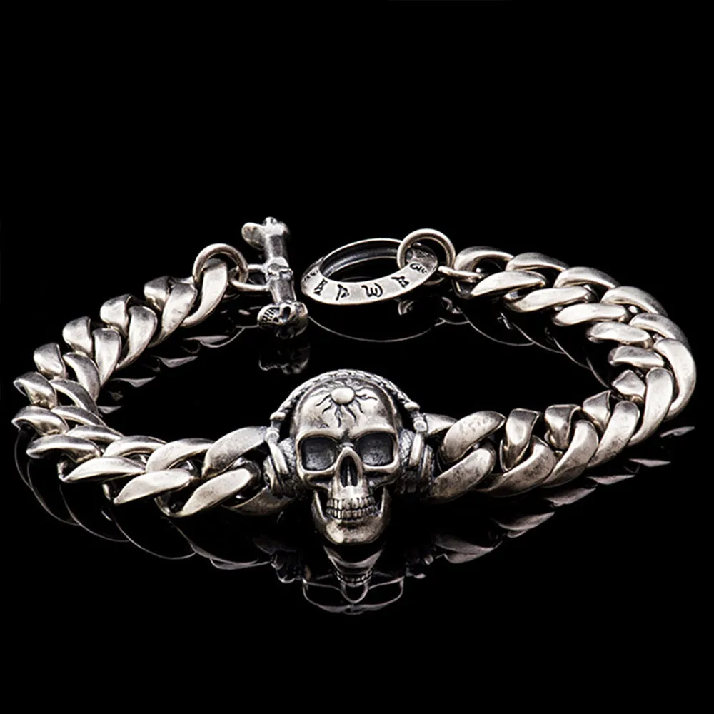 Real Solid 925 Sterling Silver Bracelets Skulls Cuban Link Chain Om Mani Padme Hum Jewelry 8.7"