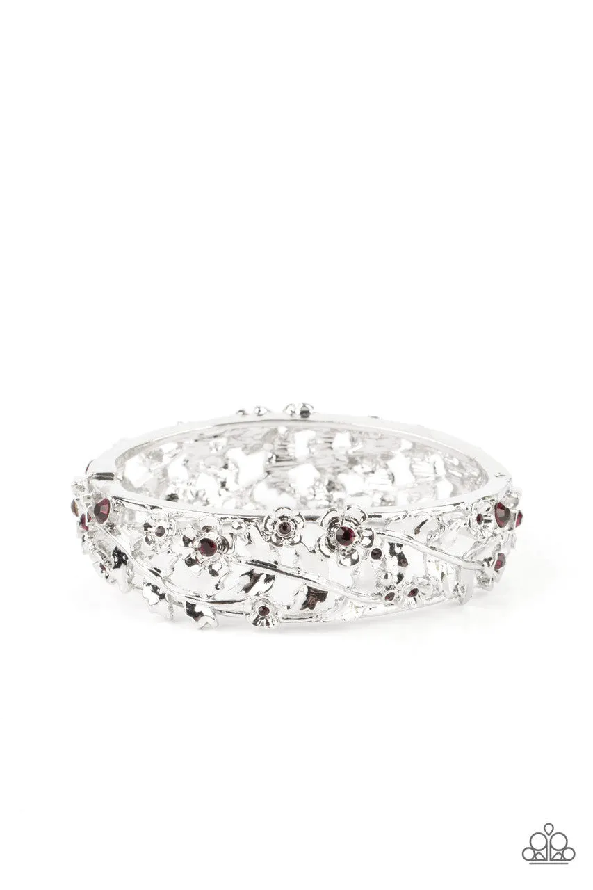 Ripe for the Picking - Purple - Rhinestone Center Silver Flower Paparazzi Hinge Bracelet - 2021 Celebrate Convention Exclusive