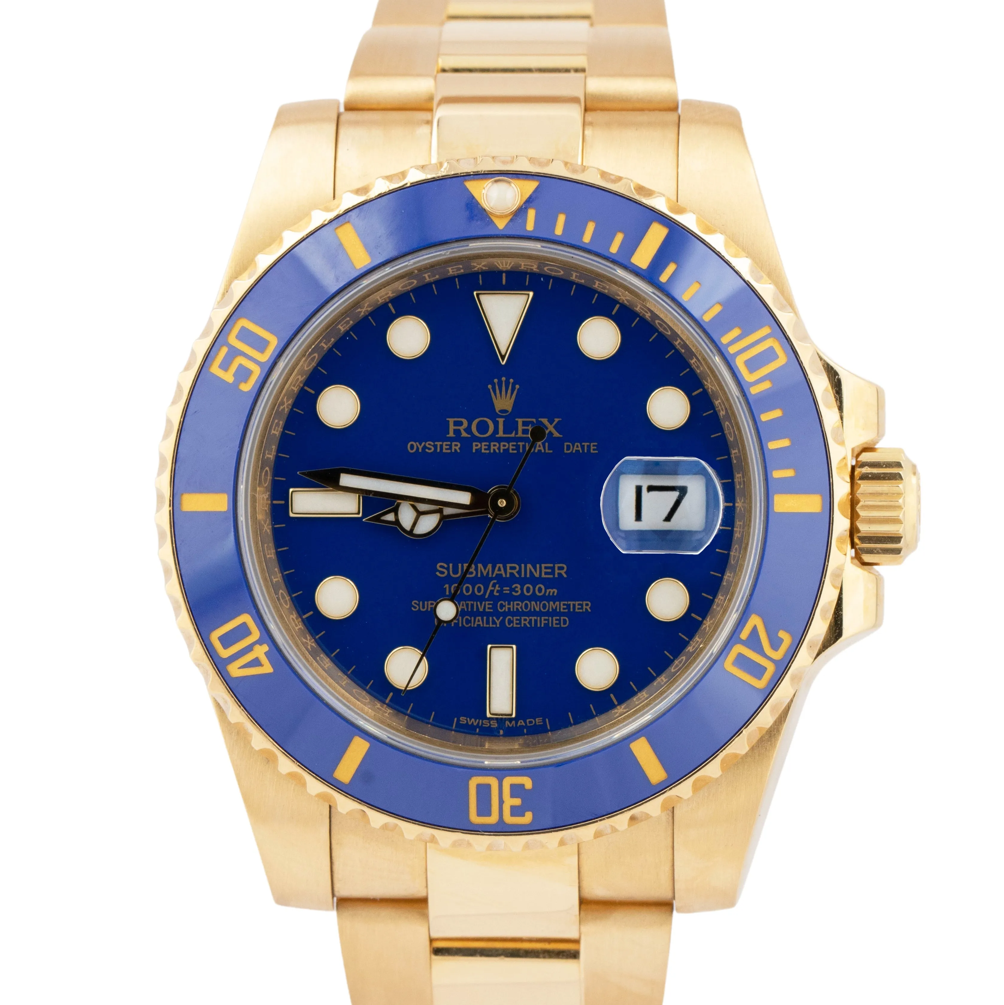 Rolex Submariner Date 40mm Ceramic 18K Yellow Gold Blue Dive Watch 116618 LB