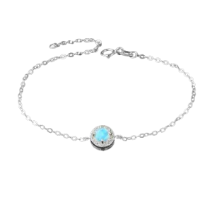 Round Blue Opal Stone Sterling Silver Chain Bracelet