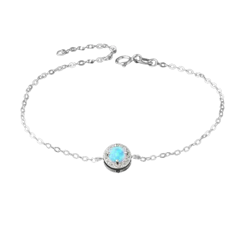 Round Blue Opal Stone Sterling Silver Chain Bracelet