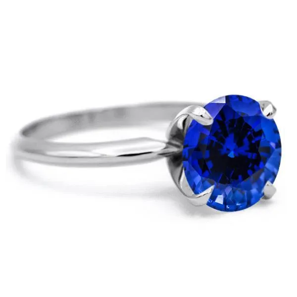 Round Blue Sapphire 14K or 18K White Gold 4 Prongs Solitaire Ring