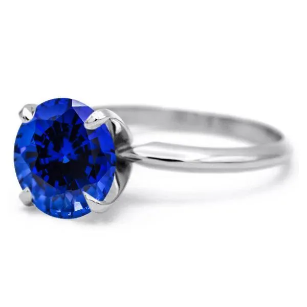 Round Blue Sapphire 14K or 18K White Gold 4 Prongs Solitaire Ring