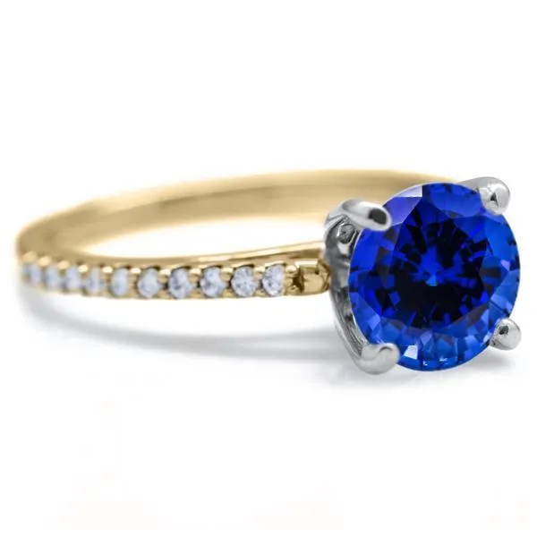 Round Blue Sapphire 4 Prongs Diamond Accent Ice Cathedral Solitaire Ring
