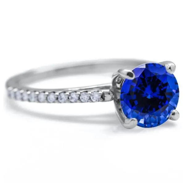 Round Blue Sapphire 4 Prongs Diamond Accent Ice Cathedral Solitaire Ring
