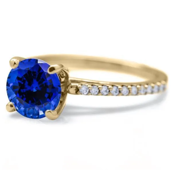 Round Blue Sapphire 4 Prongs Diamond Accent Ice Cathedral Solitaire Ring
