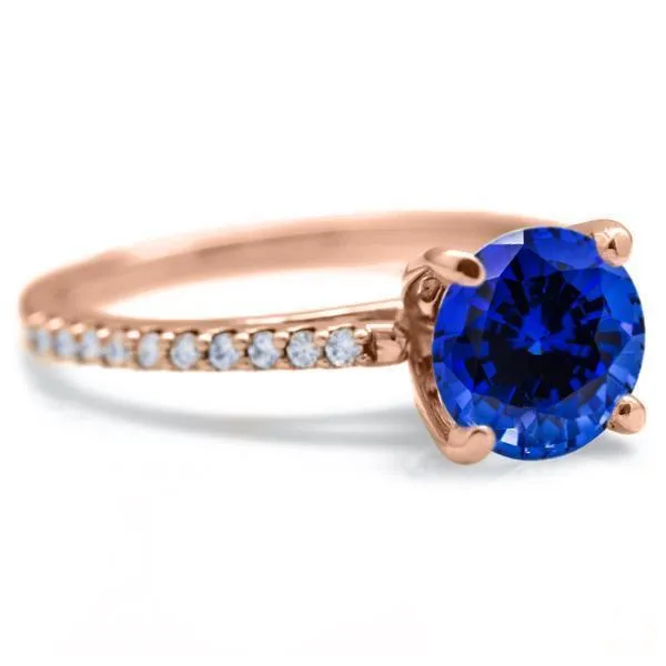 Round Blue Sapphire 4 Prongs Diamond Accent Ice Cathedral Solitaire Ring