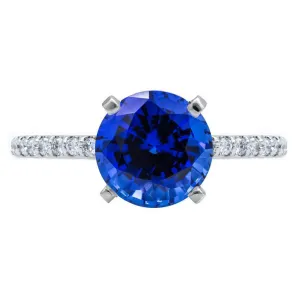 Round Blue Sapphire 4 Prongs Diamond Accent Ice Cathedral Solitaire Ring