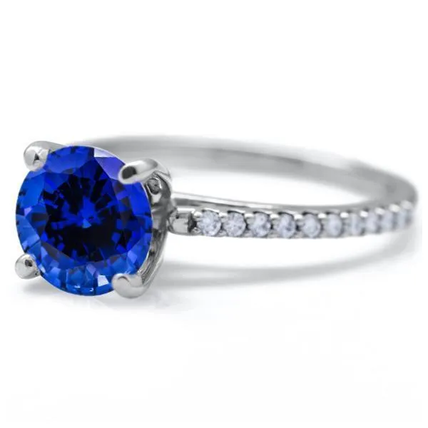 Round Blue Sapphire 4 Prongs Diamond Accent Ice Cathedral Solitaire Ring