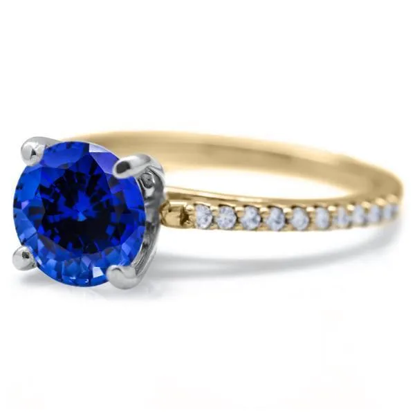 Round Blue Sapphire 4 Prongs Diamond Accent Ice Cathedral Solitaire Ring