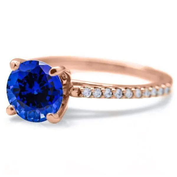 Round Blue Sapphire 4 Prongs Diamond Accent Ice Cathedral Solitaire Ring