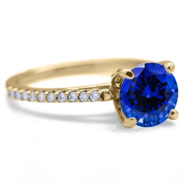 Round Blue Sapphire 4 Prongs Diamond Accent Ice Cathedral Solitaire Ring