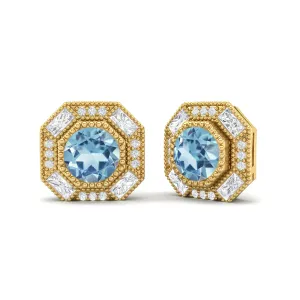 Round Blue Topaz Minimalist Delicate Stud Women Earrings 9k Yellow Gold