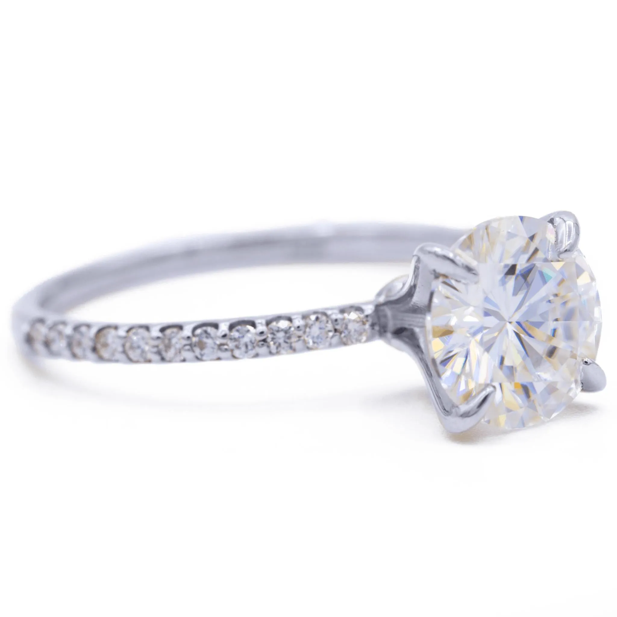 Round Center Stone 4 Claw Prongs Diamond Accent Ice Solitaire Ring