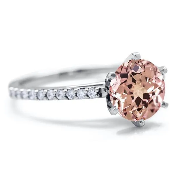 Round Champagne Sapphire 6 Prongs Diamond Accent Ice Cathedral Solitaire Ring