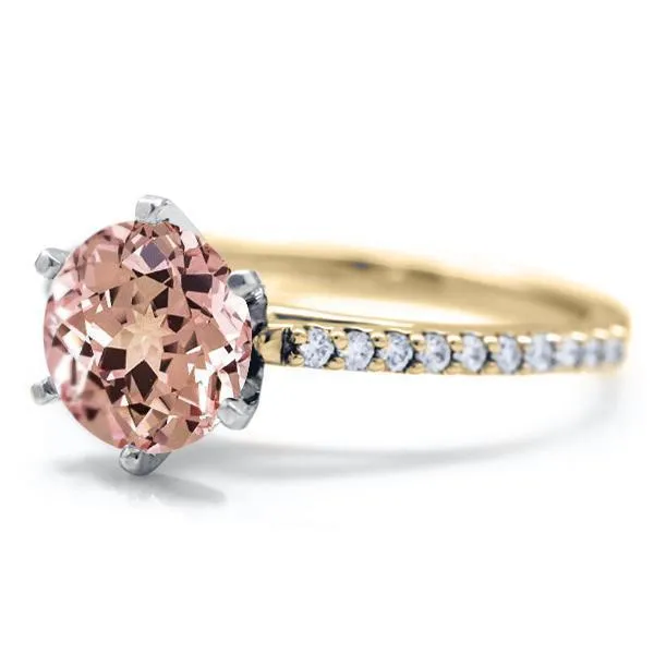 Round Champagne Sapphire 6 Prongs Diamond Accent Ice Cathedral Solitaire Ring