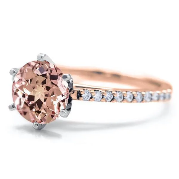 Round Champagne Sapphire 6 Prongs Diamond Accent Ice Cathedral Solitaire Ring